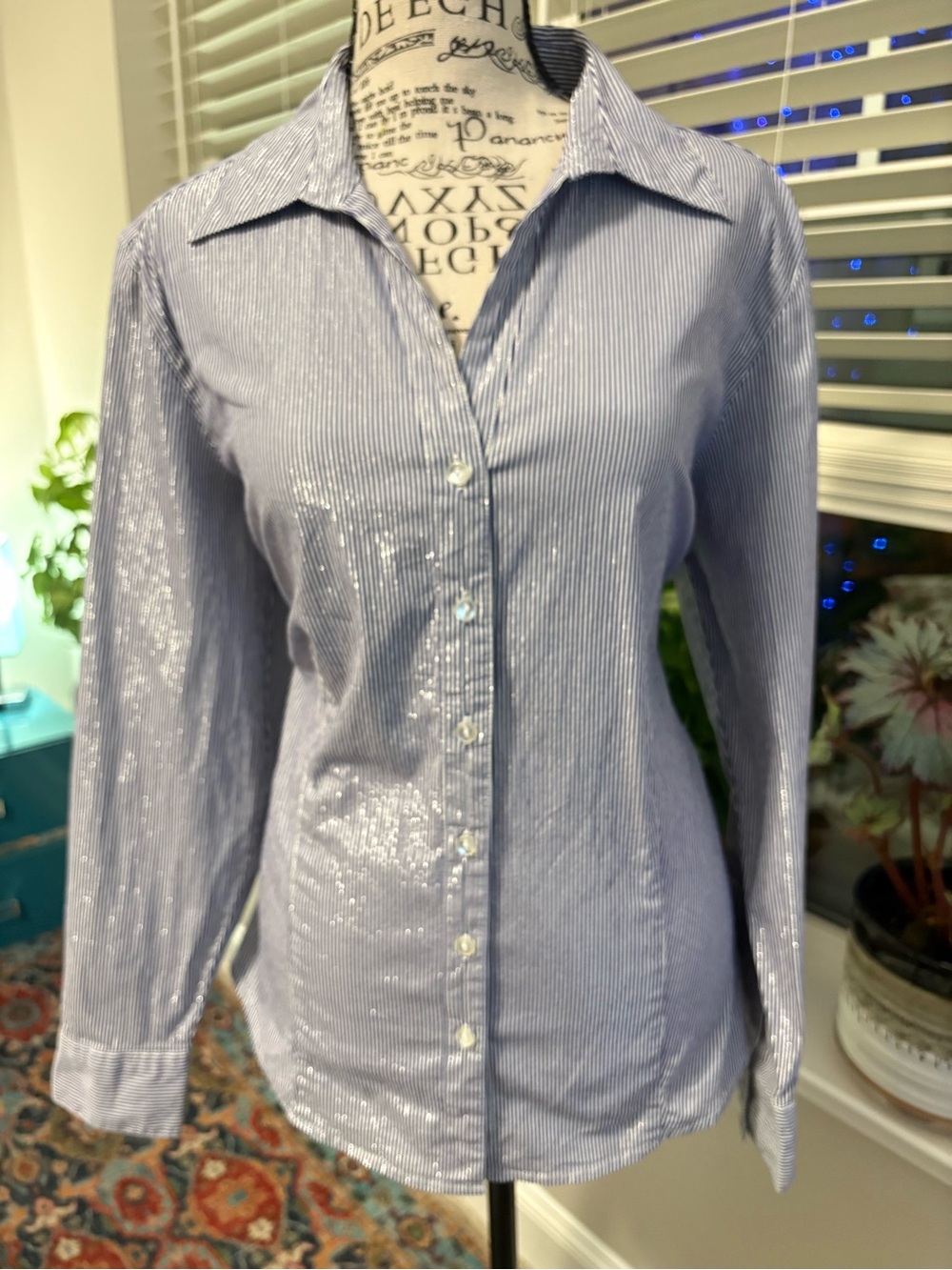 Classic Blue Shimmer Pinstripe Button-Up Women's Shirt